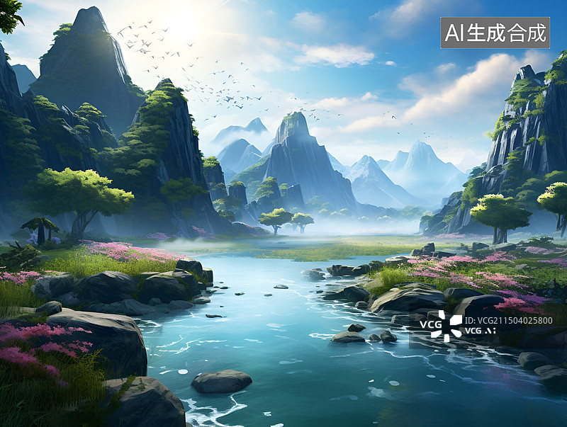 【AI数字艺术】高山峡谷里的古典园林图片素材