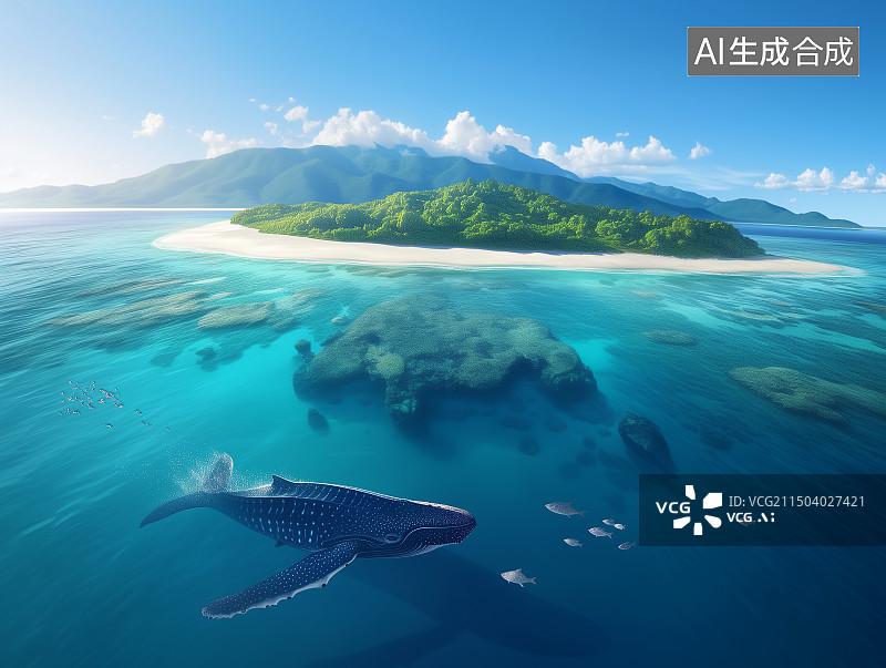 【AI数字艺术】蓝天白云下的海岛，鲸鱼和鱼群水下摄影图片素材
