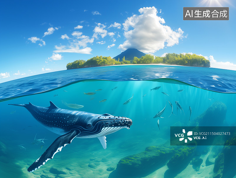 【AI数字艺术】蓝天白云下的海岛，鲸鱼和鱼群水下摄影图片素材