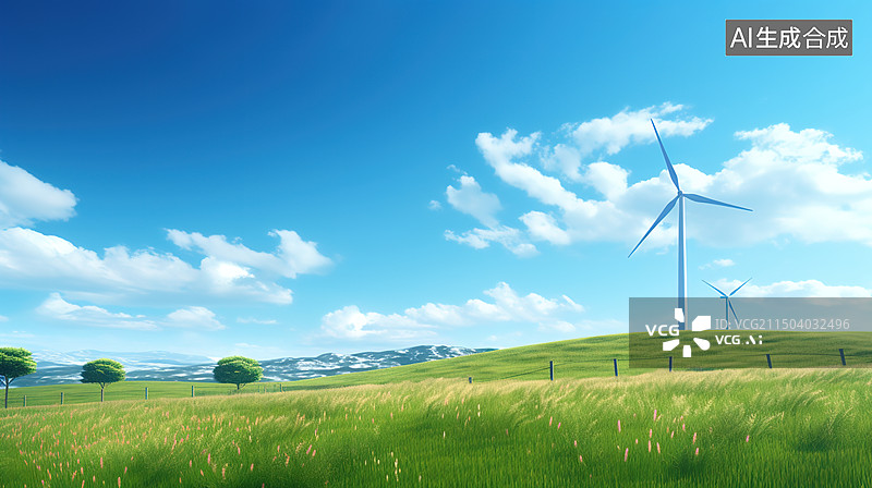【AI数字艺术】草坪上的风力发电图片素材