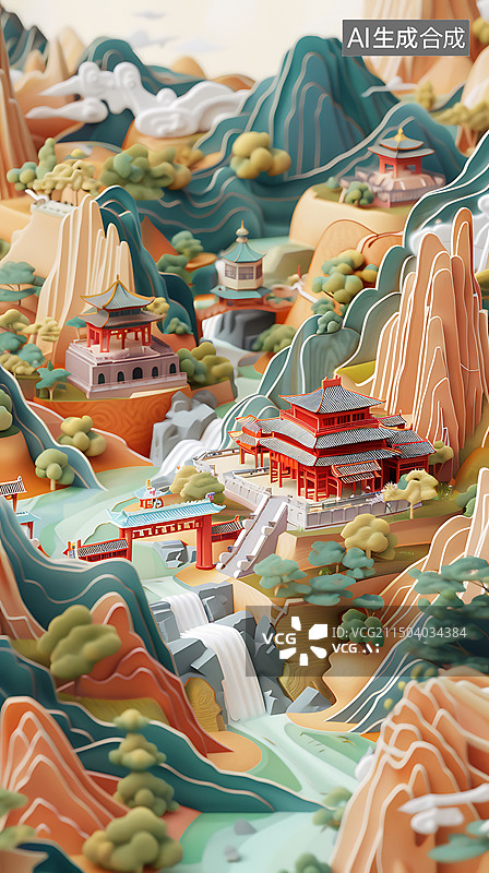 【AI数字艺术】3Ｄ渲染彩色纸雕立体中国风场景图片素材