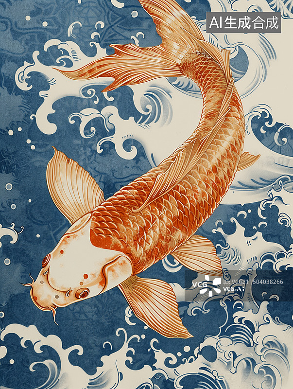 【AI数字艺术】青花瓷风格水波中的锦鲤图片素材