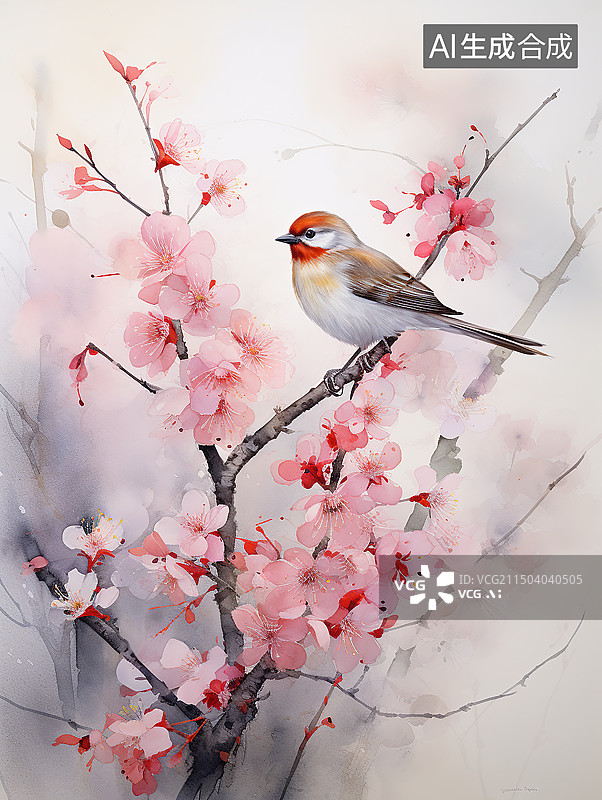 【AI数字艺术】优雅的中国风极简主义描绘了鸟儿和梅花的宁静构图。传统亚洲艺术特色自然元素和文化象征图片素材