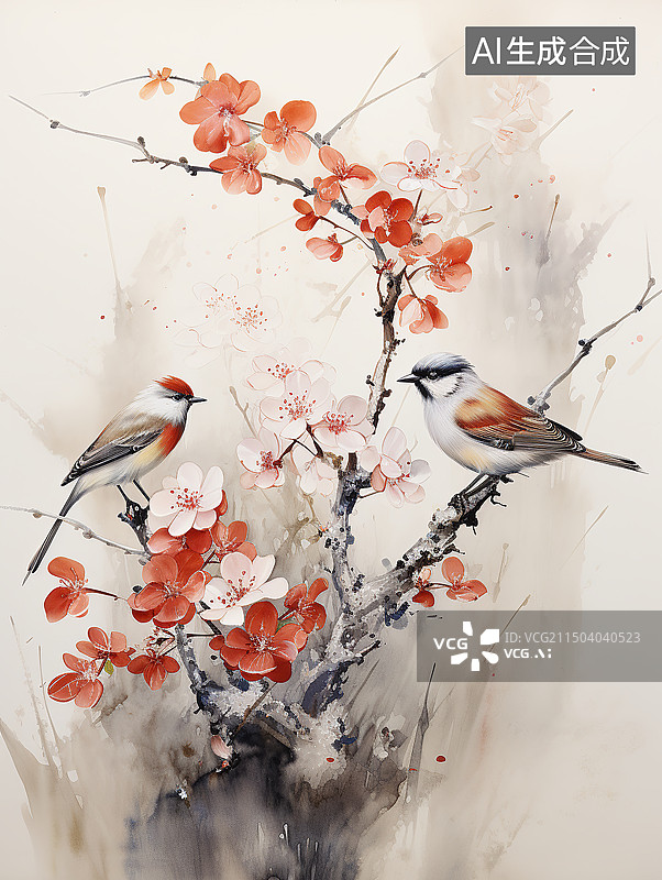 【AI数字艺术】优雅的中国风极简主义描绘了鸟儿和梅花的宁静构图。传统亚洲艺术特色自然元素和文化象征图片素材