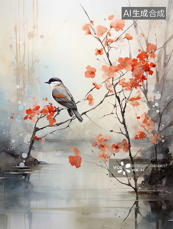 【AI数字艺术】优雅的中国风极简主义描绘了鸟儿和梅花的宁静构图。传统亚洲艺术特色自然元素和文化象征图片素材