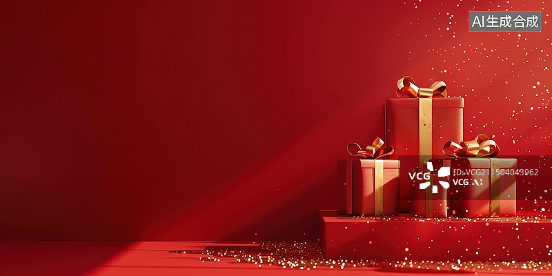 【AI数字艺术】红色背景上的圣诞礼物特写镜头图片素材