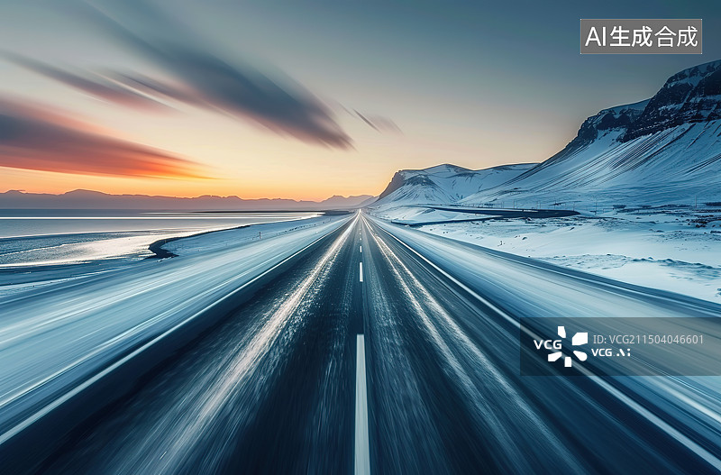 【AI数字艺术】日落时白雪皑皑的群山景色图片素材