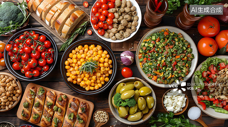 【AI数字艺术】地中海风格美食，多种沙拉和菜肴图片素材