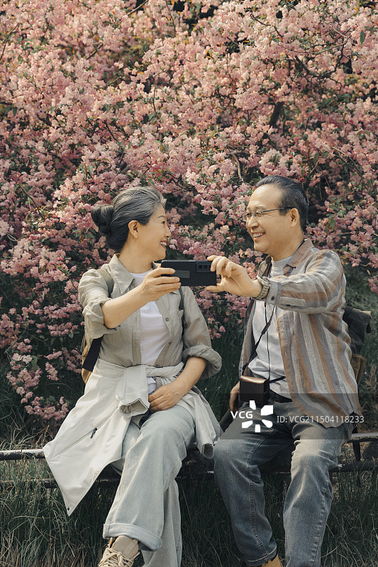 老年人City walk系列:老年夫妻在北京北海公园花海旁自拍图片素材