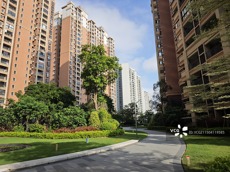 住宅区早晨的阳光和园林绿化图片素材