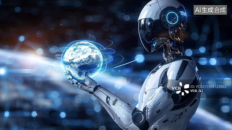 【AI数字艺术】机器人手捧地球科技插画图片素材