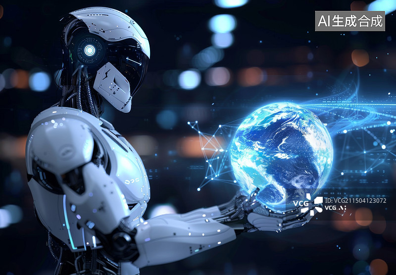 【AI数字艺术】机器人手捧地球科技插画图片素材