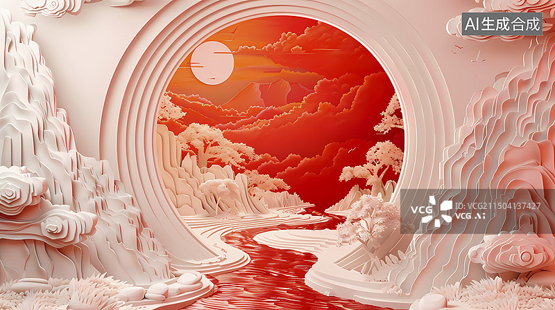 【AI数字艺术】白色纸雕建筑花园插图海报背景图片素材