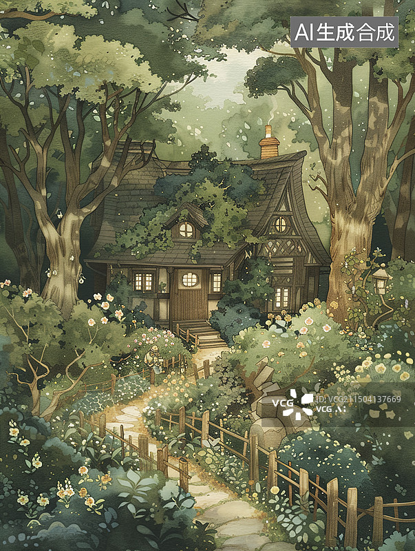 【AI数字艺术】田园农场小屋的院子花园插画图片素材