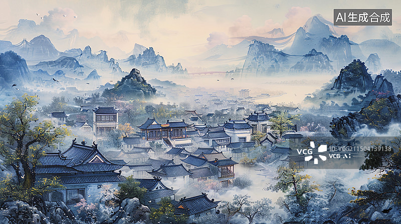 【AI数字艺术】中国古代城市建筑国画图片素材