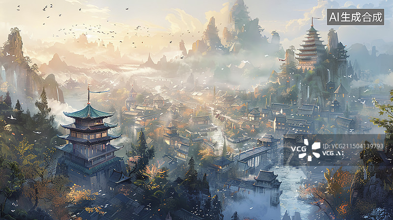 【AI数字艺术】中国古代城市建筑国画图片素材