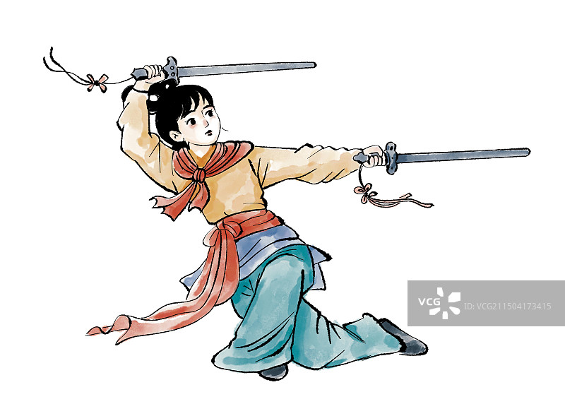 彩色插画插图水彩水墨风格古代女子女人练剑双剑武打图片素材