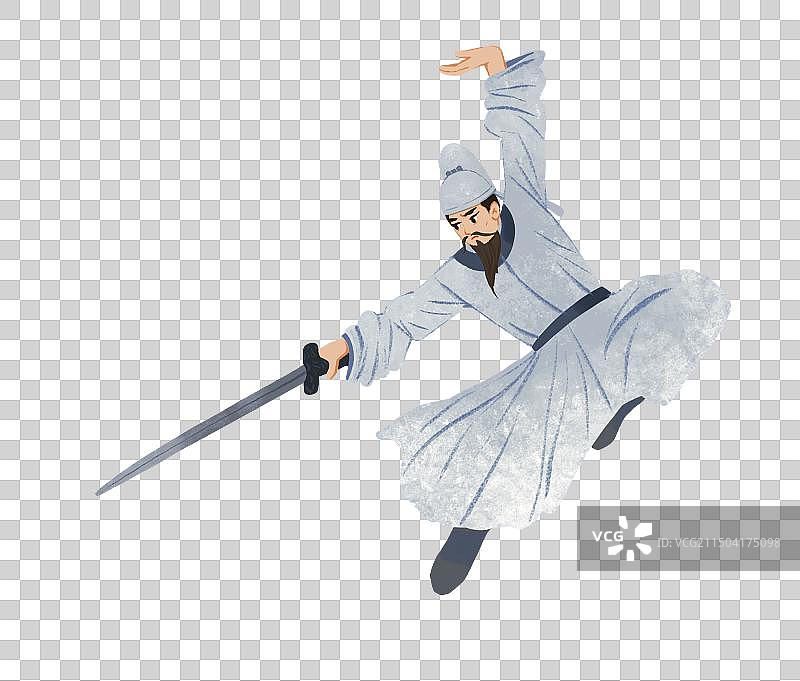 彩色插画插图水彩水墨风格古代唐代李白练剑拔剑元素免扣图片素材