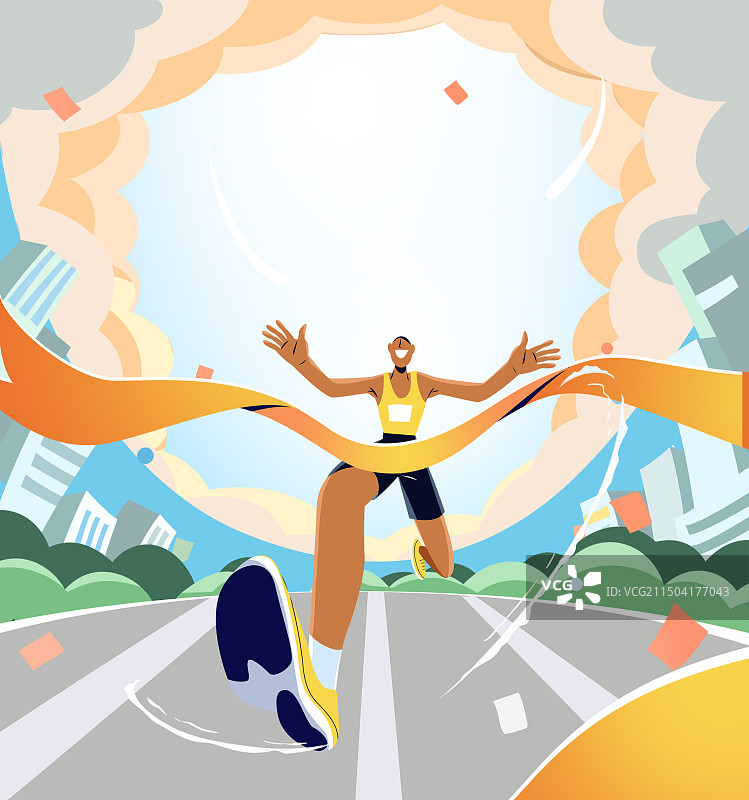 城市马路建筑蓝天下跑步男人马拉松赛跑正面冲刺透视插画正方形图片素材