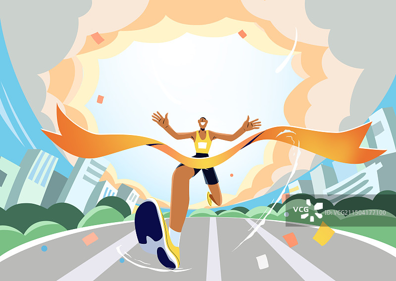 城市马路建筑蓝天下跑步男人马拉松赛跑正面冲刺透视插画横版图片素材