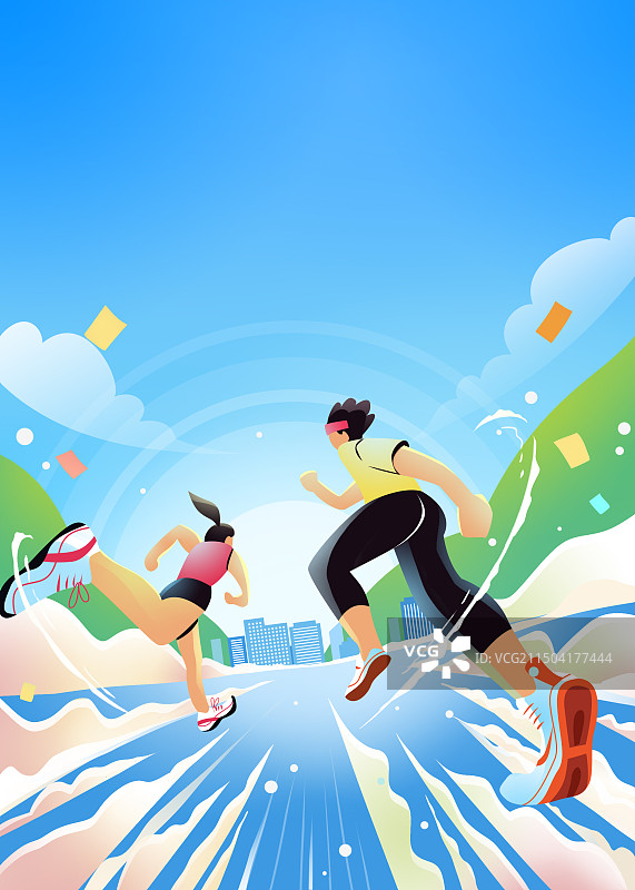 跑步人运动赛跑背影冲刺透视竖版插画图片素材
