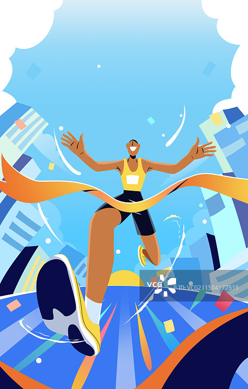 跑步男运动员夺冠人赛跑正面冲刺蓝天城市建筑透视竖版插画图片素材