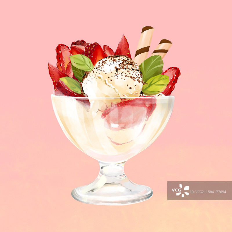 夏日美食甜品草莓奶油水果冰淇淋手绘插画图片素材