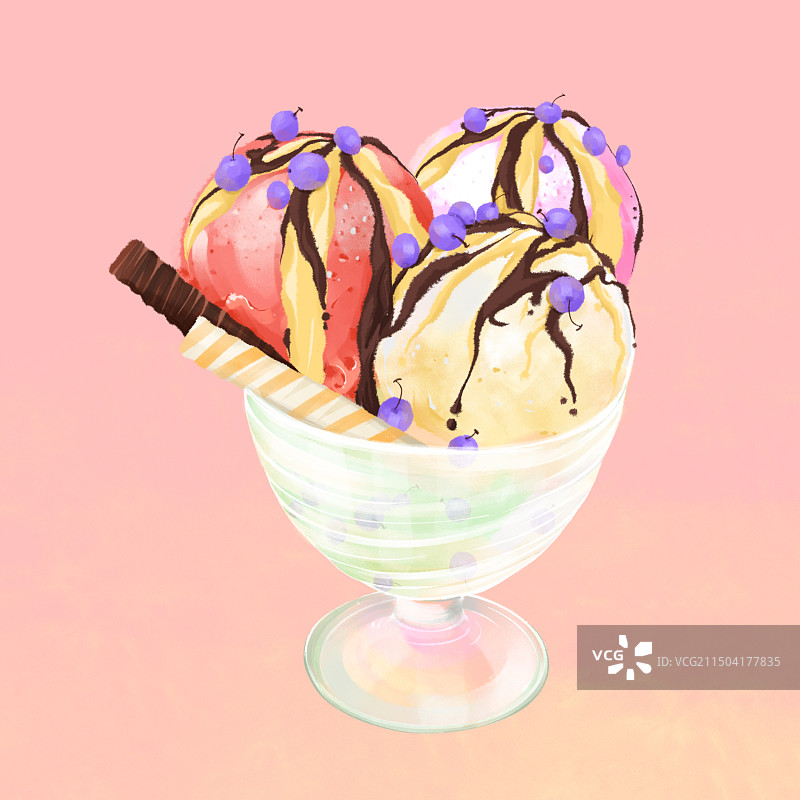 夏日甜品美食蓝莓三色冰淇淋水果雪糕球手绘插画图片素材
