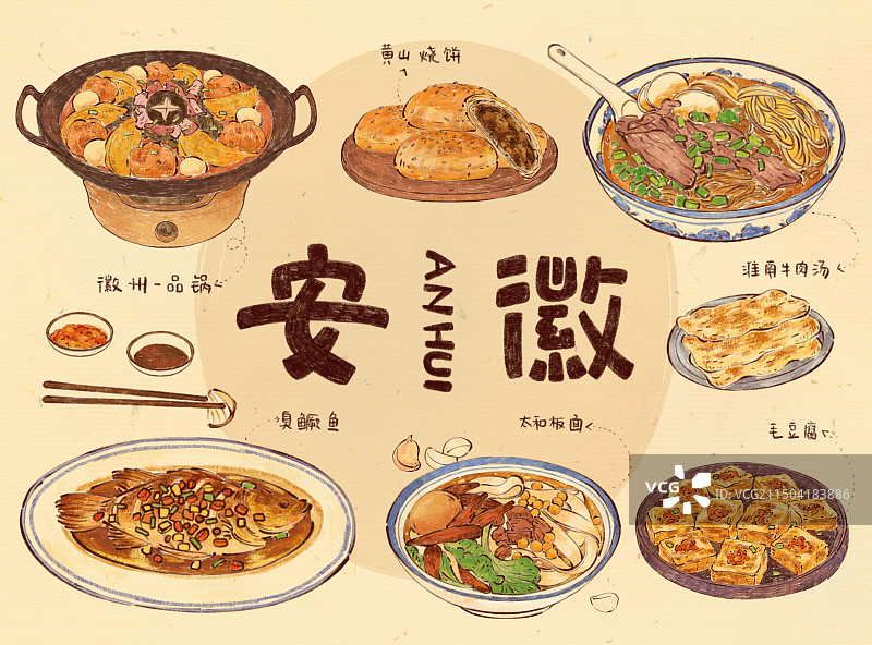 手绘安徽特色美食徽菜淮南牛肉汤黄山烧饼插画图片素材