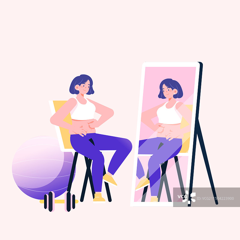 卡通居家减肥健身运动瑜伽瘦身小肚腩脂肪体重女孩少女保持身材身体健康自律照镜子电商消费活动渐变矢量插画图片素材