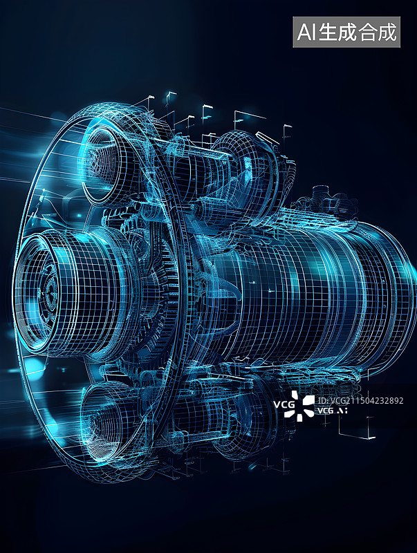 【AI数字艺术】数字化信息化发动机机械透视结构数码全息图图片素材