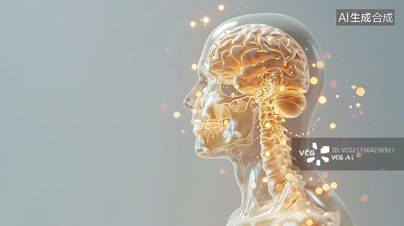 【AI数字艺术】3D渲染人体头骨大脑结构神经医学插图横版图片素材