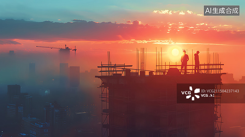 【AI数字艺术】朝阳夕阳下的工地建设者横版图片素材