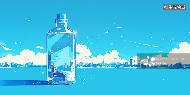 【AI数字艺术】科幻抽象建设在玻璃瓶保护罩中的城市手绘插画图片素材