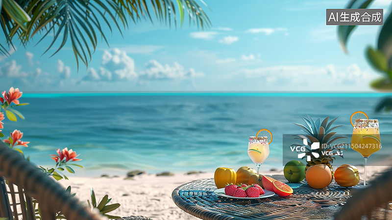 【AI数字艺术】夏日海滩椰树下的热带水果和鸡尾酒图片素材