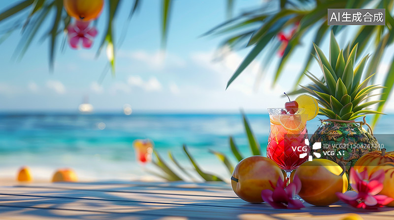 【AI数字艺术】夏日海滩椰树下的热带水果和鸡尾酒图片素材