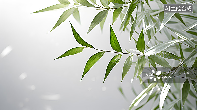 【AI数字艺术】水晶玻璃质感竹叶，绿色竹叶，植物叶子特写，壁纸，透明枝叶，植物背景图，壁纸图片素材