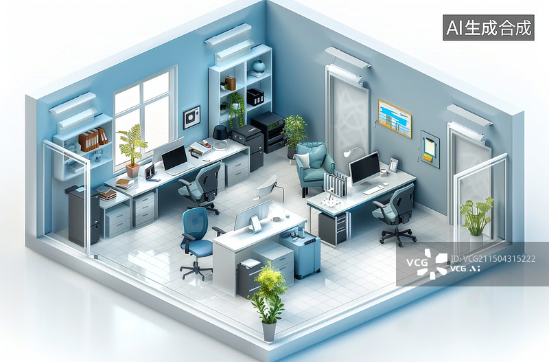 【AI数字艺术】等距视图办公室写字楼插画图片素材