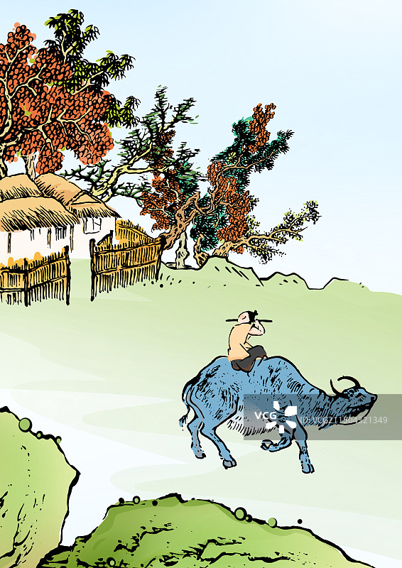 牧童，吹，笛子，农舍，茅草屋，古代文学图画书古典风格亭台楼阁古代文学名著诗词插画图片素材