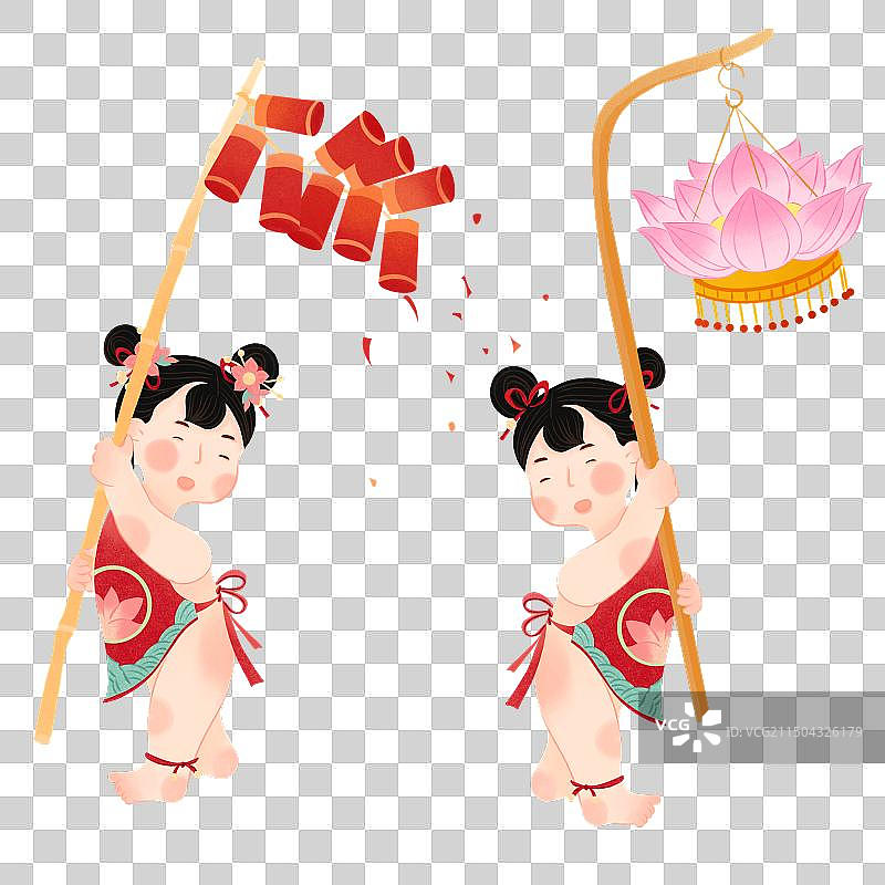 中国传统文化国潮国风新年春节元宵节鞭炮花灯娃娃福娃手绘插画图片素材