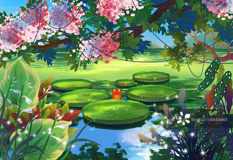 夏日睡莲插画夏天炎热青蛙荷叶图片素材