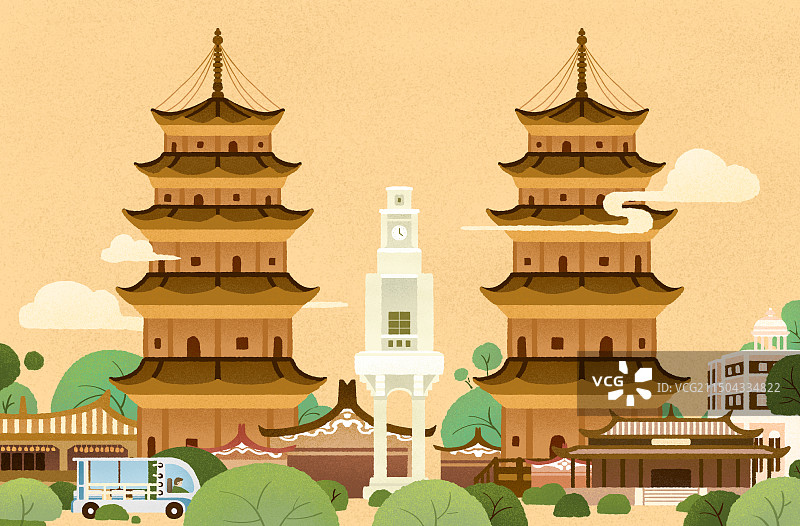 福建泉州开元寺东西塔钟楼西街街景手绘插画图片素材