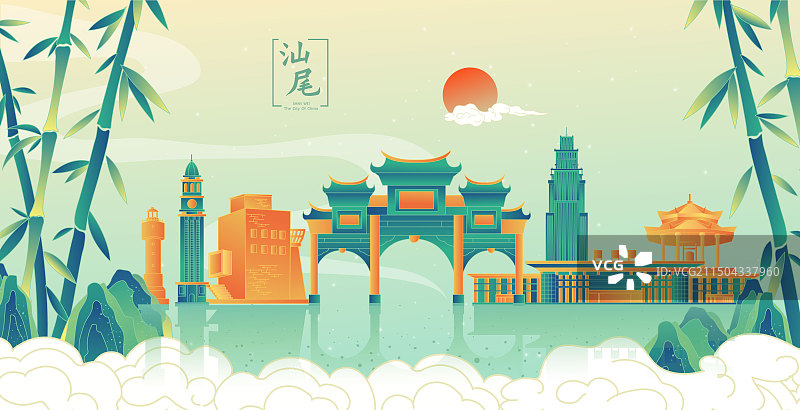 中国风城市汕尾竹林复古打卡旅游地标图片素材