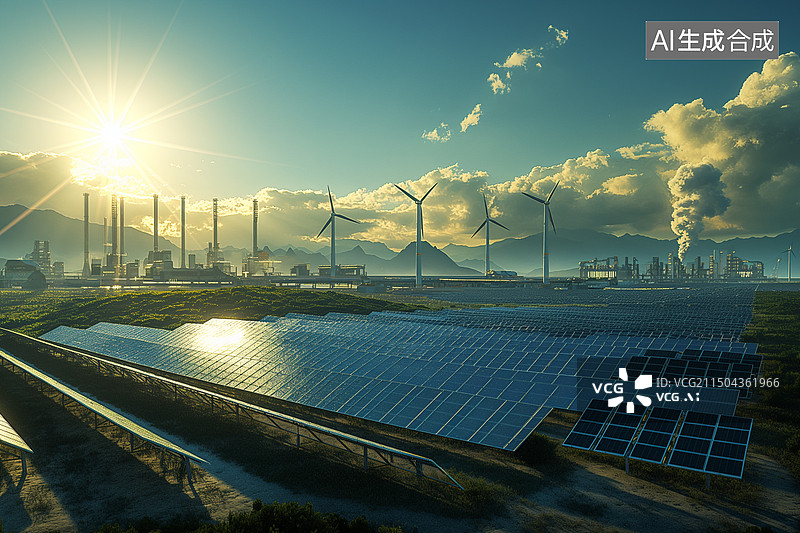 【AI数字艺术】光伏板收集太阳能发电工厂广阔日落写实商务背景图图片素材