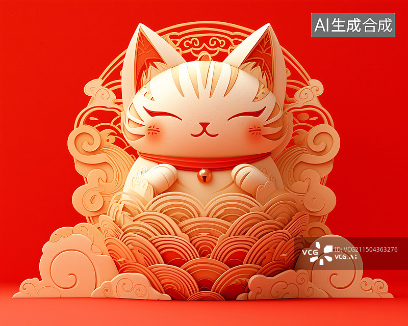 【AI数字艺术】一只招财猫祥云中国红三维剪纸插画图片素材