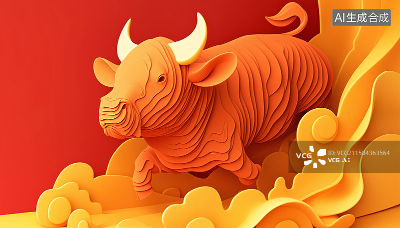 【AI数字艺术】一头可爱牛财富中国牛年生肖三维剪纸插画图片素材