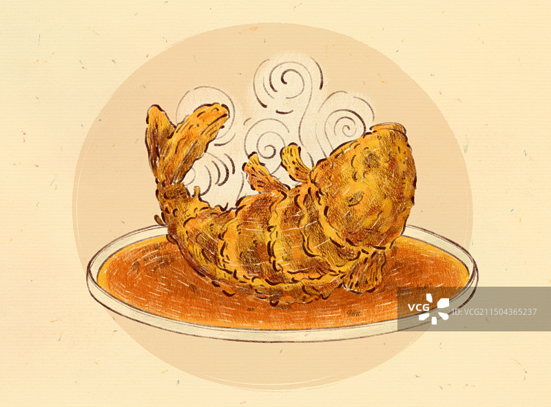 手绘山东特色美食鲁菜糖醋鲤鱼插画图片素材