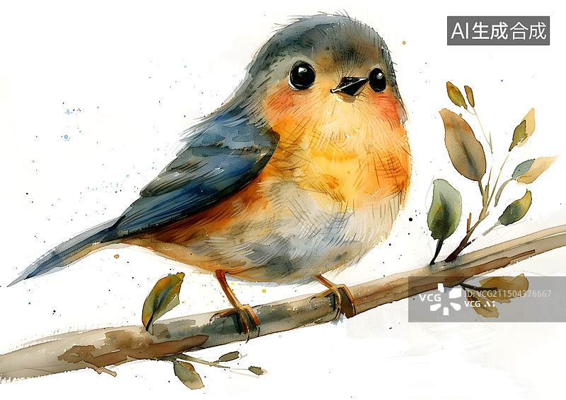 【AI数字艺术】儿童绘本水彩插画树枝上的小鸟图片素材