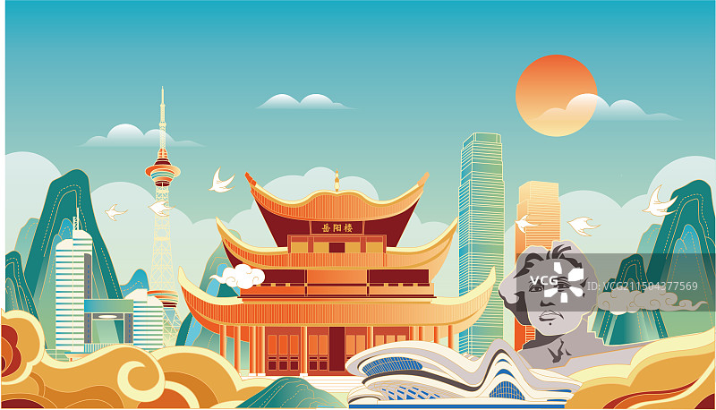 湖南城市地标长沙地标城市天际线矢量插画图片素材