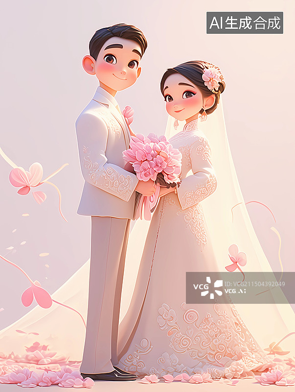 【AI数字艺术】3D婚礼主题人物肖像——身着白色西装的新郎和身着白色婚纱的新娘喜结连理图片素材